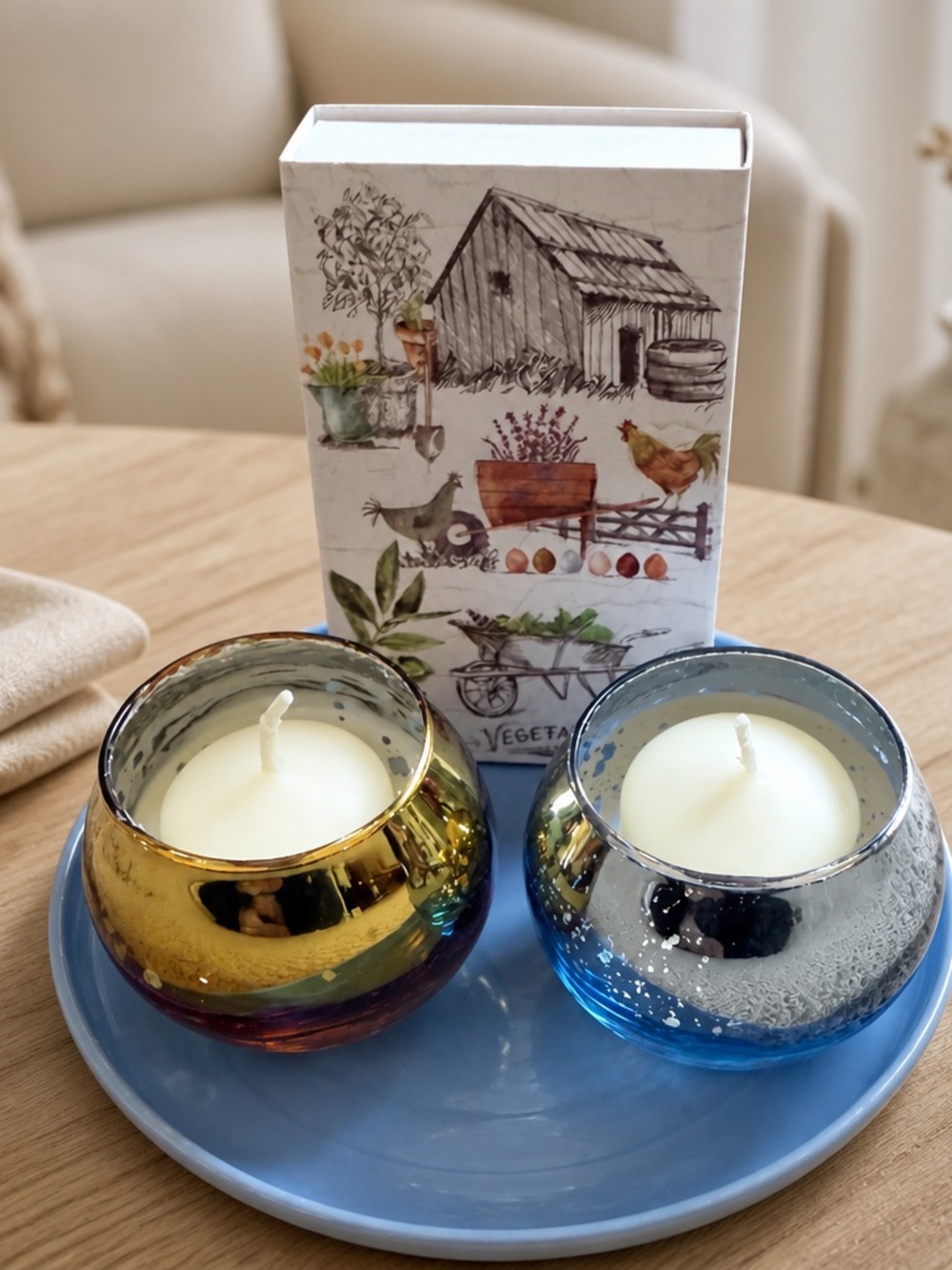 Decorative Gold & Blue Glass Candle Holders Set - Home Accents